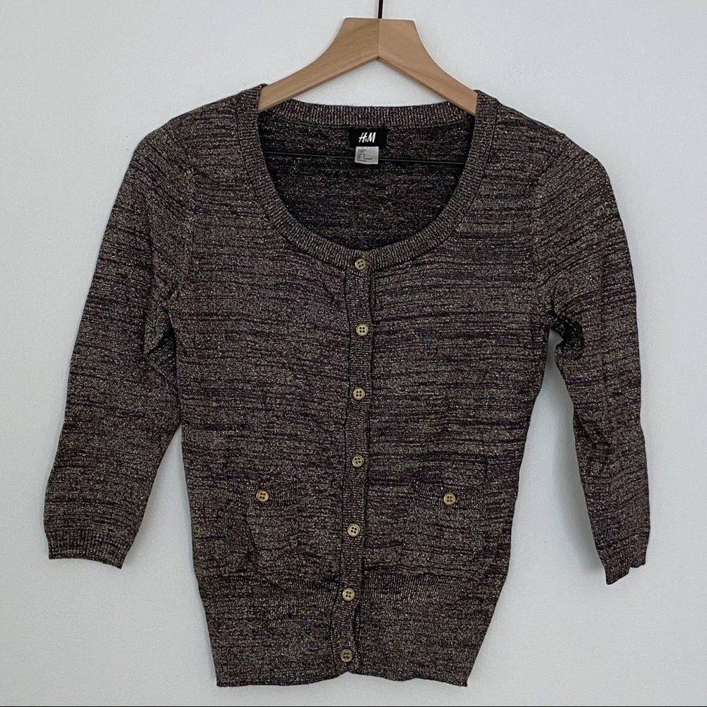 H&M Dark Gray Gold Metallic Button Up Cardigan Sweater 3/4 Sleeves